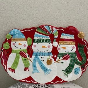 2 Pier 1 Imports Snowman Platter Hand Painted. 16”x 12” Brand New In Box